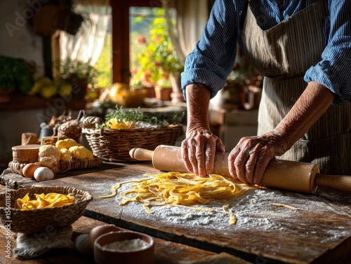 Authentic homemade pasta, rustic kitchen setting, skilled hands, traditional recipe, warm glow.