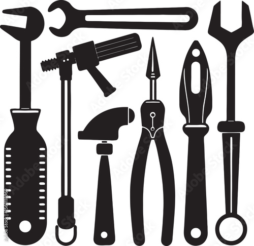 Collection of silhouetted hand tools including a hammer and wrenches