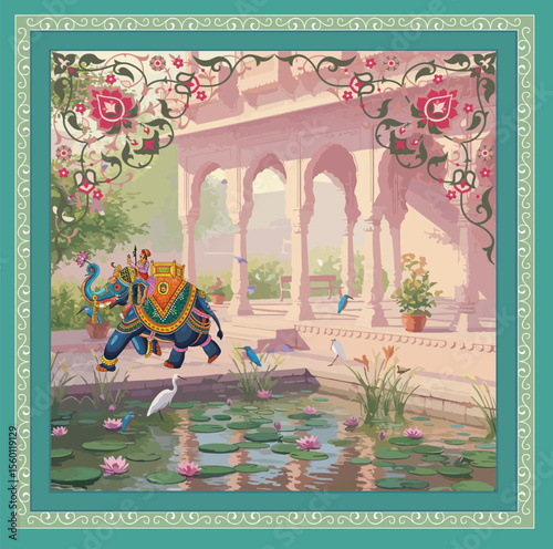 Traditional Mughal flower motif. Mughal wall paintings, botanical floral ethnic motif, Traditional Mughal flower motif, Traditional Mughal garden, forest, elephant ride, mahout in Thailand vector 