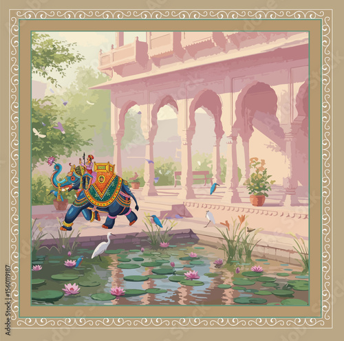 Traditional Mughal flower motif. Mughal wall paintings, botanical floral ethnic motif, Traditional Mughal flower motif, Traditional Mughal garden, forest, elephant ride, mahout in Thailand vector 