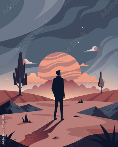 A figure stands in a desolate wasteland the landscape a reflection of the doubts within their mind each sound of the howling wind adding to their inner turmoil.. Vector illustration