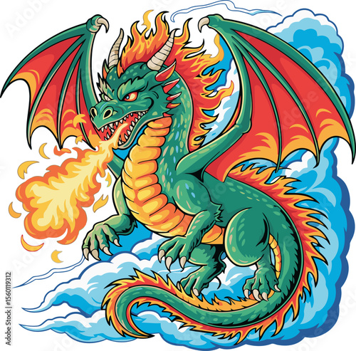 Fierce dragon breathes fire. vector t-shirt design for dtf