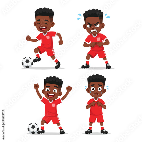 Cartoon soccer player boy in various emotional states, showcasing different actions and expressions.