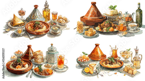 Watercolor illustration of traditional Moroccan cuisine with tajine, flatbreads, sweets, tea, and olive oil, served in decorative ceramic dishes and cups.

