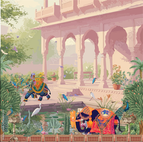 Traditional Mughal flower motif. Mughal wall paintings, botanical floral ethnic motif, Traditional Mughal flower motif, Traditional Mughal garden, forest, elephant ride, mahout in Thailand vector 