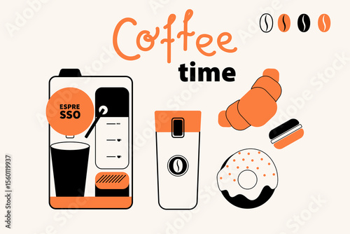 Сoffee сoncept illustrations or icons for menu, kitchen, cafe, poster design. Сapsule coffee machine, doughnut, сoffee tumbler, croissant, macaron. Vector minimalist art.