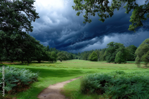 Cloudy skies loom over a serene green meadow in a tranquil natural landscape