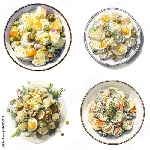 Watercolor illustration of creamy potato salad with eggs, peas, pickles, and herbs, served in bowls with colorful toppings and fresh garnishes.

