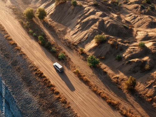 Desert road journey, rugged terrain, lone vehicle, golden dunes, remote adventure.