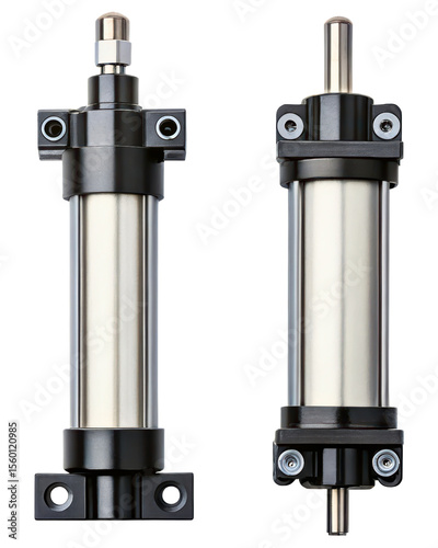 Two industrial double-acting pneumatic air cylinder actuators on a transparent background