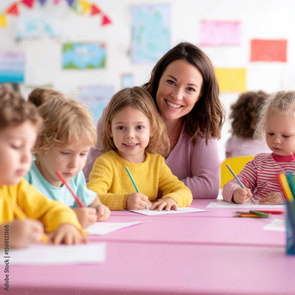 Fototapeta premium Teacher Supervising Young Children Drawing at Tables in Classroom