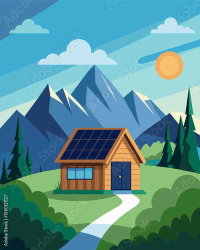 A remote solarpowered cabin situated in the rolling hills surrounded by stunning scenery and offering an environmentallyfriendly vacation experience.. Vector illustration
