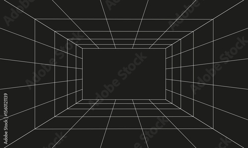 Futuristic perspective grid box. Abstract wireframe with white grid line on black background. Virtual reality landscape in 80s 90s digital style. Vector illustration.
