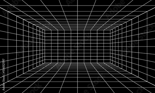 Futuristic perspective grid box. Abstract wireframe with white grid line on black background. Virtual reality landscape in 80s 90s digital style. Vector illustration.