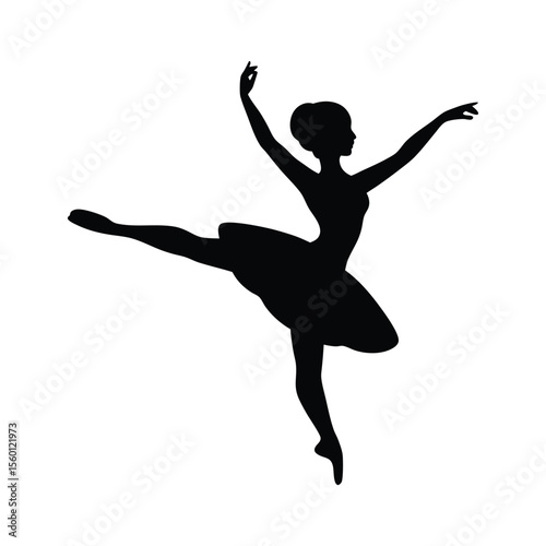 Black silhouette of a ballerina in a graceful pose, perfect for dance, art, or decor designs. Vector illustration with elegant movement