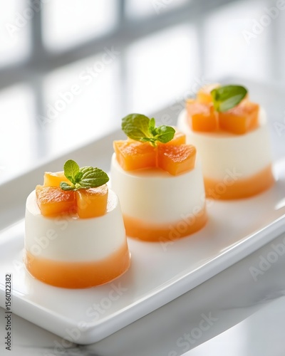 Creamy Dessert Peach Panna Cotta  and Fresh Mint Garnish Delight