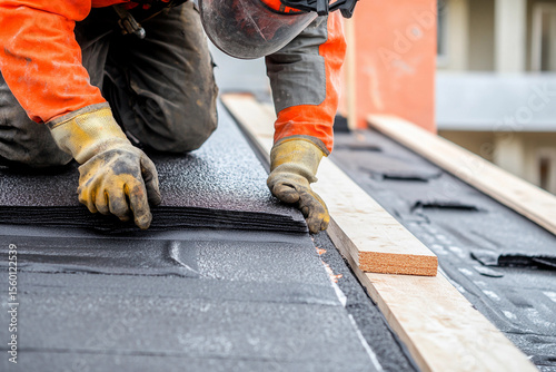 Roofer worker installing roofing material on a residential building Generative AI