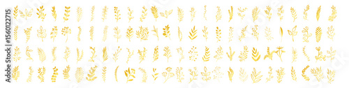 Golden floral and botanical leaf collection, hand drawn plant and branch vector set, vintage decorative elements, wedding wreath and nature doodle illustration on transparent background