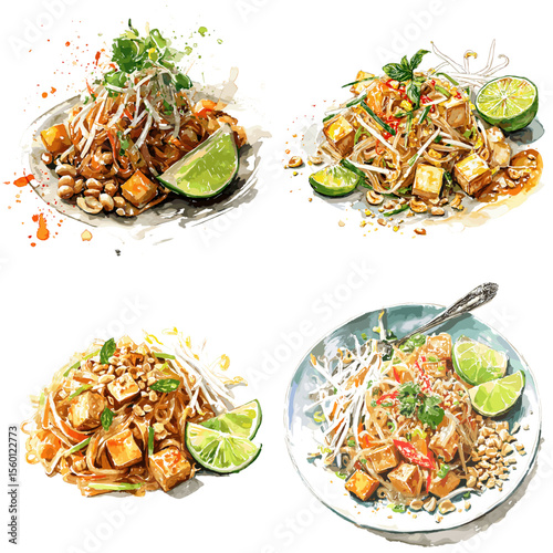 Watercolor illustration of vegan Pad Thai with tofu, bean sprouts, peanuts, and lime slices, styled in a colorful and artistic Asian street food presentation.

