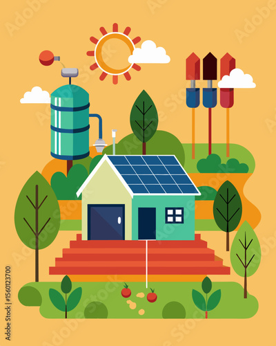 A small farm thriving with the use of a solarpowered irrigation system increasing crop yields and enabling farmers to sell produce in nearby markets.. Vector illustration