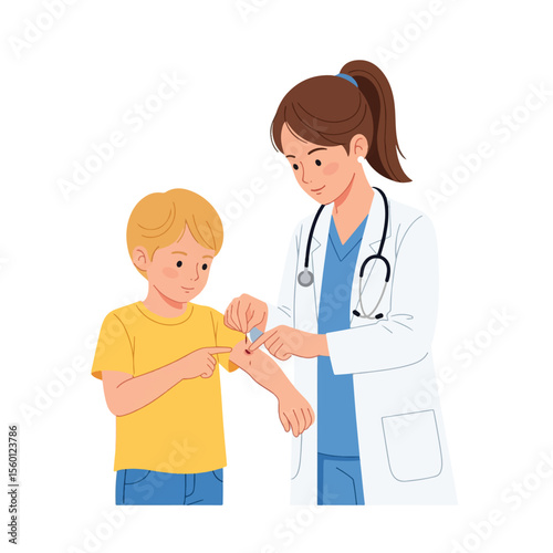A doctor applying a bandage to a child's scraped arm, showing care and attention.