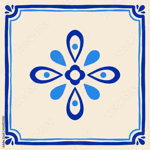Vector illustration with mediterranean ceramic tiles with hand drawn floral and geometric motifs in blue and beige colors
