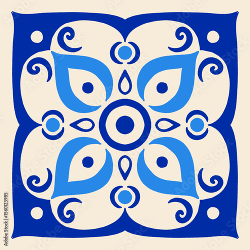 Vector illustration with mediterranean ceramic tiles with hand drawn floral and geometric motifs in blue and beige colors