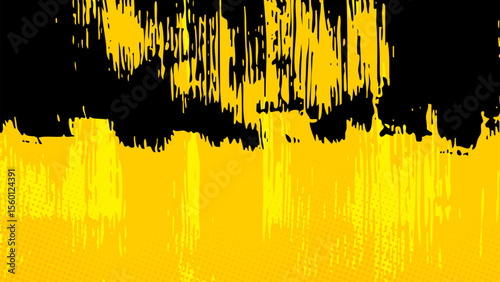 Yellow background with black brush strokes from above and some halftone dots.