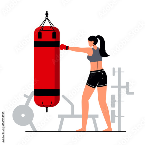 Woman punching red boxing bag in minimalist gym