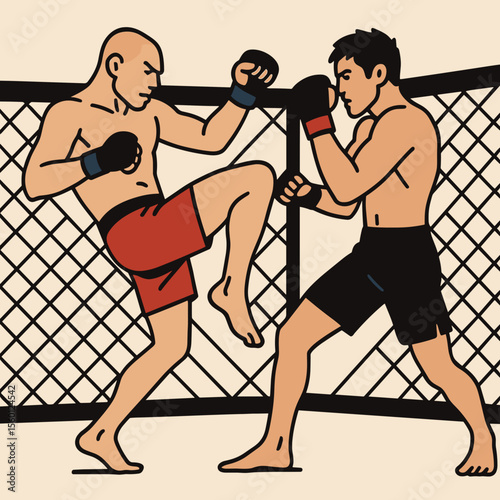 Two MMA fighters sparring inside cage ring