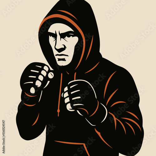 Male fighter in hoodie posing with clenched fists