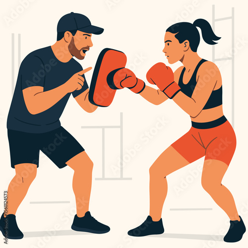 Woman training boxing with coach in indoor gym