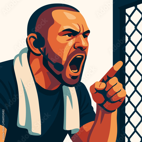 MMA coach yelling instructions near cage during match