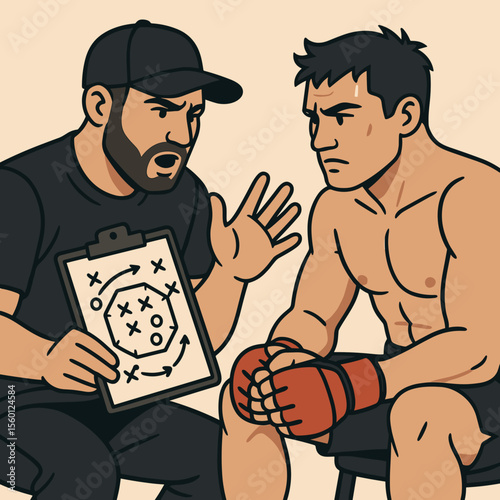 MMA coach giving tactical advice to fighter on bench