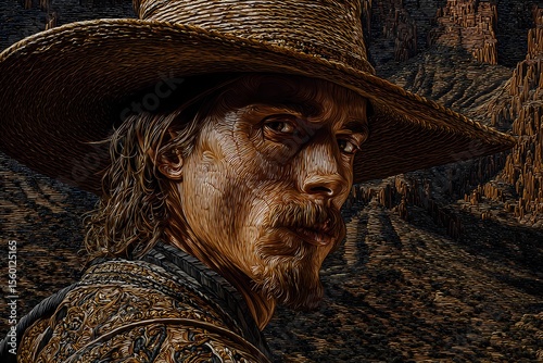 Classic cowboy portrait with weathered skin, western hat, and determined look in a timeless photographic style.