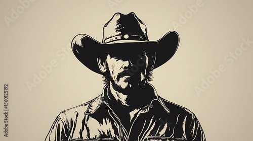 Classic cowboy portrait with weathered skin, western hat, and determined look in a timeless photographic style.