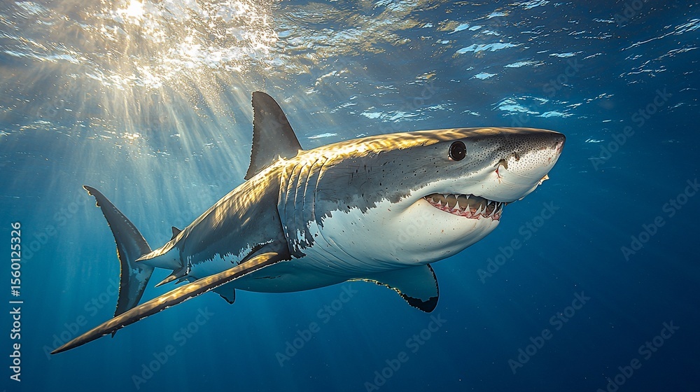 Naklejka premium Great white shark in ocean sunlight