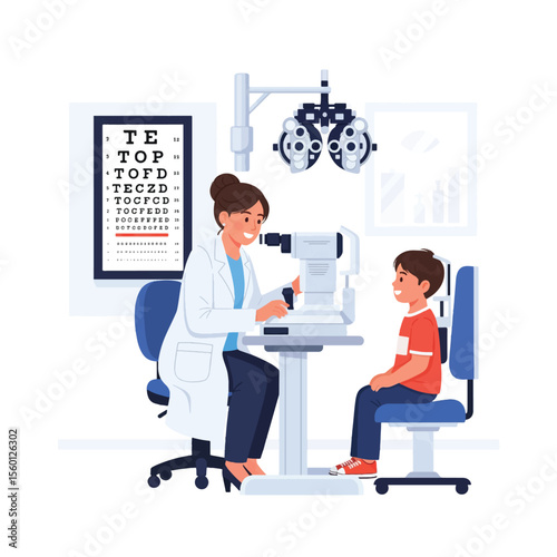 Optometrist performing eye exam on a smiling child, using specialized equipment in a clinic.