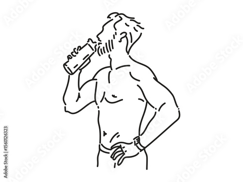 Sportsman Training, Exercise, Drinking Water, Line Art Vector Illustration
