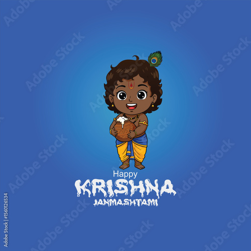 Happy Krishna Janmashtam digital drawing of a cute baby Krishna with dark skin and curly hair, wearing a yellow dhoti and a blue upper garment, holding a butter ball, with a peacock inidan festival
