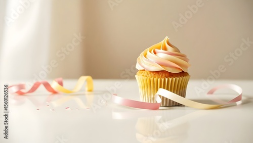 Single cupcake with gradient icing and scattered ribbons on reflective surface with faded cream backdrop

