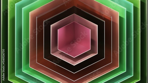Colorful hexagonal tunnel rotating clockwise, zooming dynamically against black background, generating mesmerizing optical illusion with geometric precision