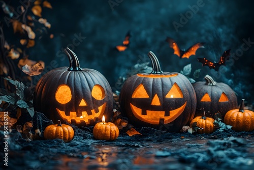 Wallpaper Mural Halloween Night with Glowing Jack-o'-Lanterns and Flying Bats for Festive Decor Torontodigital.ca