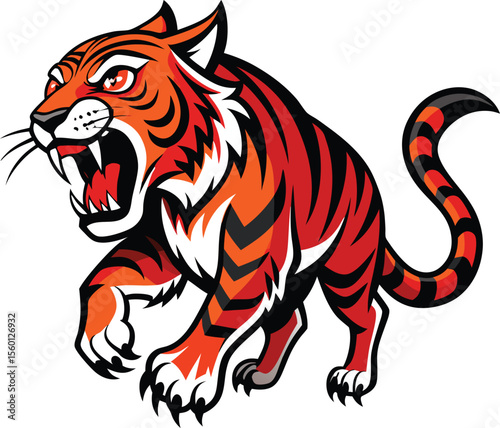 A ferocious tiger is depicted in a dynamic pose on a white background 