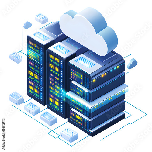 Detailed 3D render featuring A cloud-computing themed isometric rack filled with network switches and labeled drives. Dynamic perspective angle ideal for product mockups.