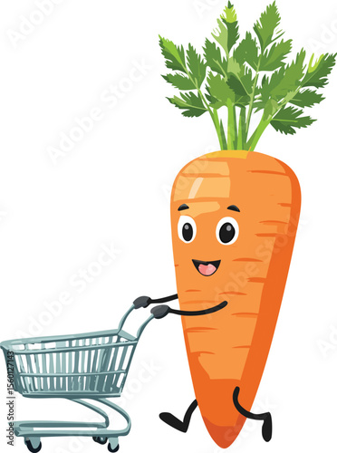 Cheerful Carrot Pushing a Mini Shopping Cart with a Smile