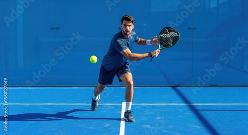 A focused male padel player in action during a match, hitting a forehand with his racket on a blue court under the sun.