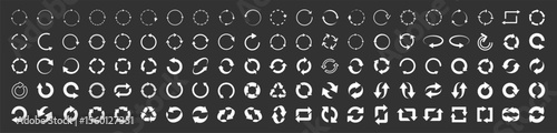 Set of circle arrow icons, reload, refresh, loading, recycle and repeat symbols. Circular rotating arrows in white color