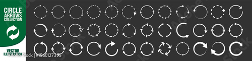Set of circle arrow icons, reload, refresh, loading, recycle and repeat symbols. Circular rotating arrows in white color