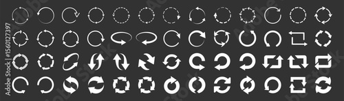 circle arrow icon, reload, refresh, loading, recycle and repeat symbol. Circular rotating arrows on black color